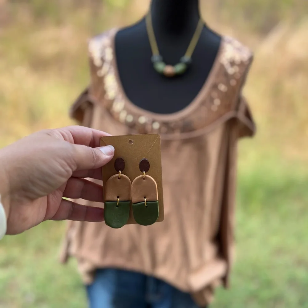 Handmade polymer clay‎ Earrings. Tan and olive green dangles. Wood post studs.